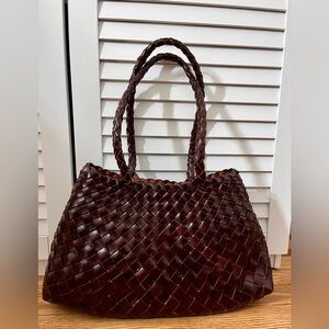 Dark Brown Genuine Leather Woven Tote Bag